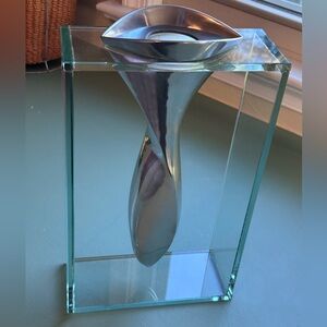 Vintage Lisa Mori Polished Cast Aluminum Boxed Glass Twisted Tornado Vase 1980s